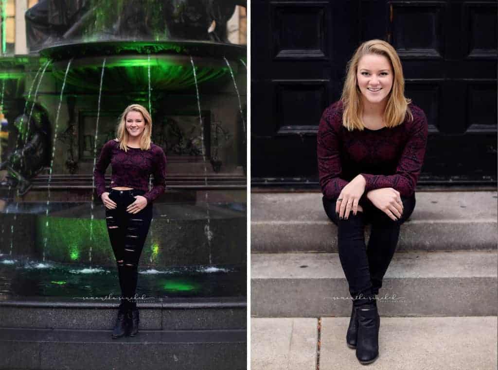 high school senior girl poses at fountain square in downtown cinicnnati