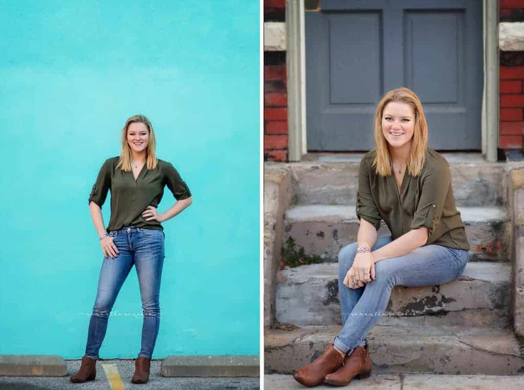 mason high school senior poses against blue wall and door in OTR cincinnati
