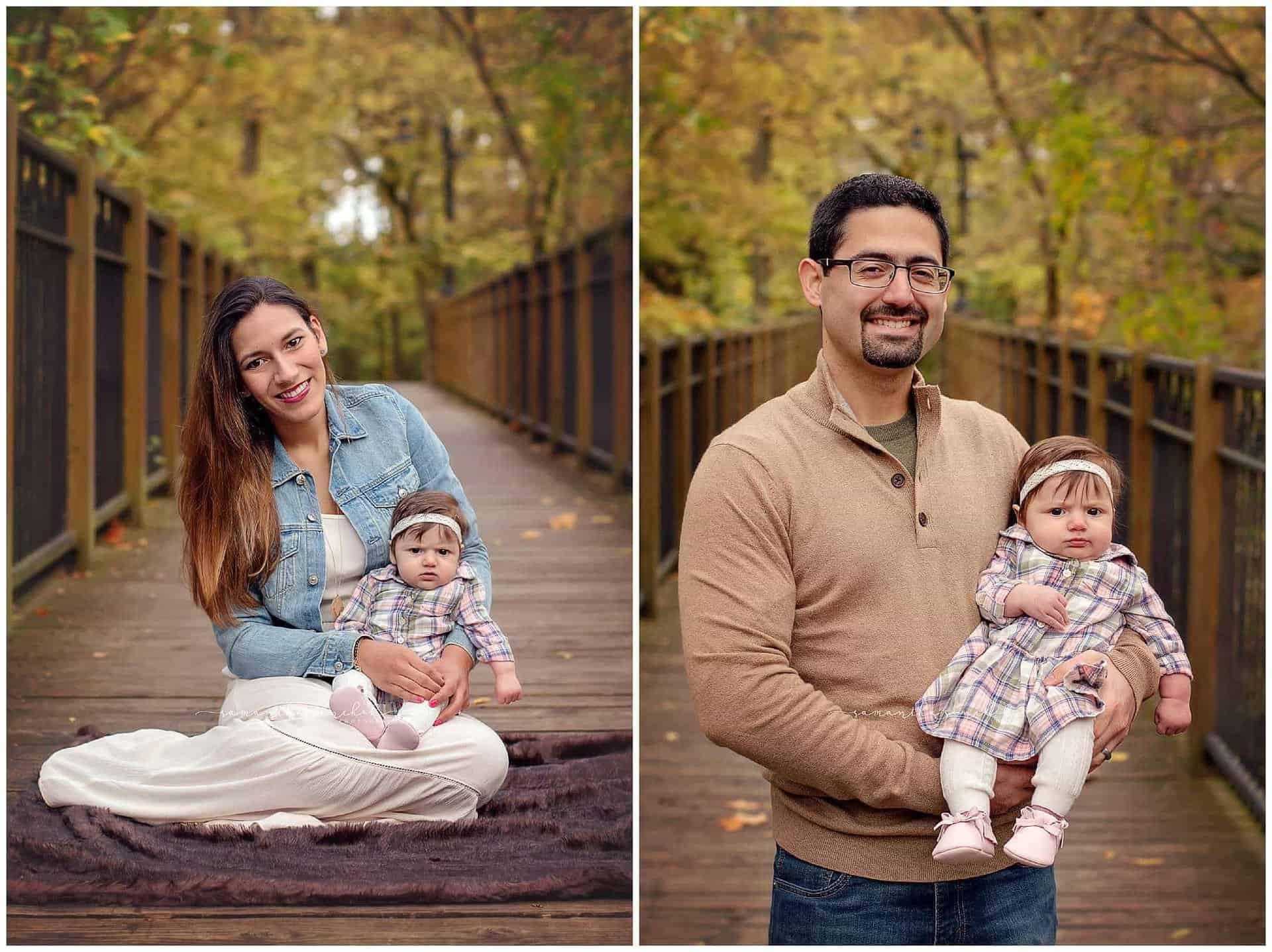 mother and father pose with three month old daughter at their pictures