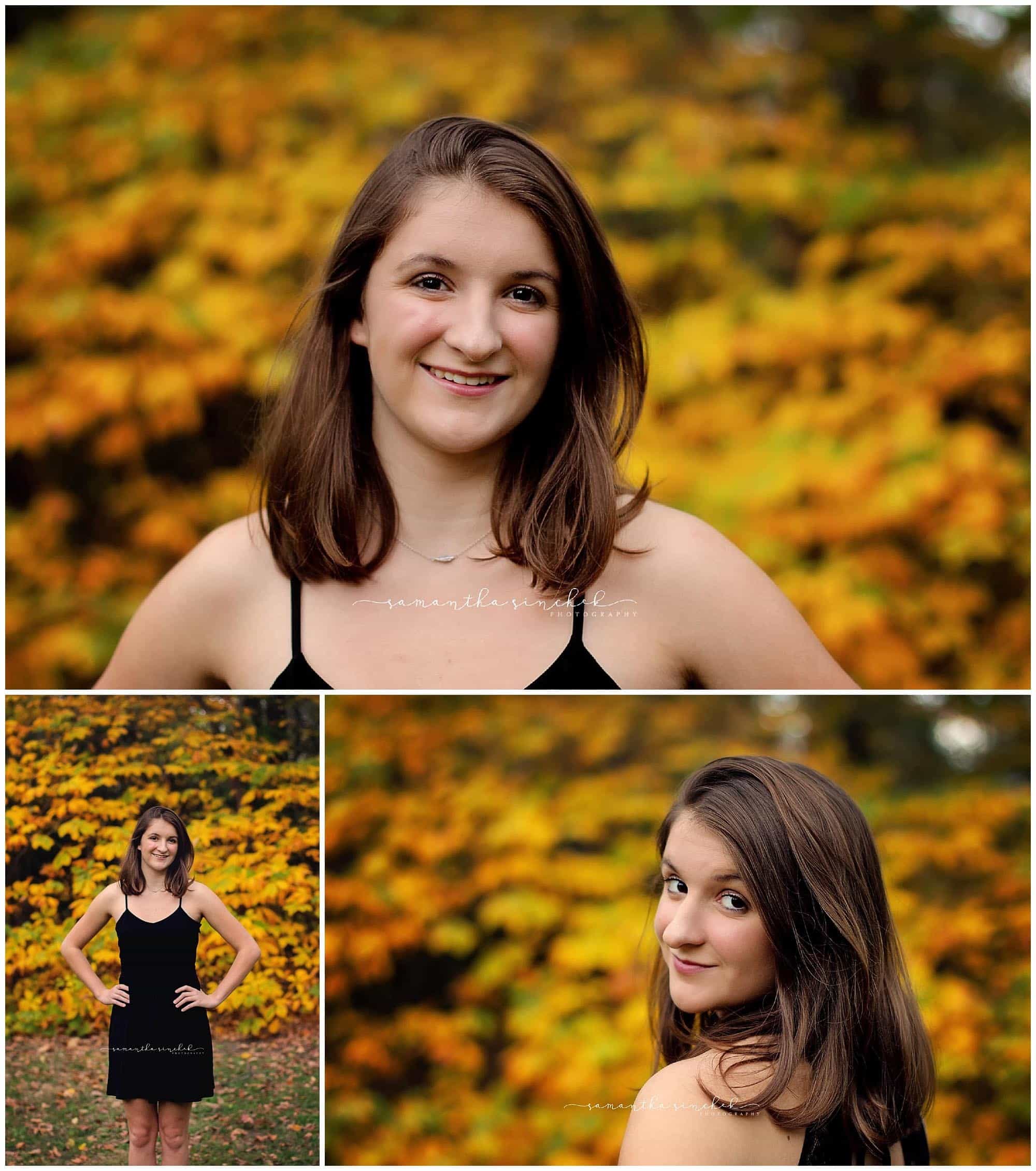 high school senior girl poses in front of yellow foliage at ault park in cincinnati