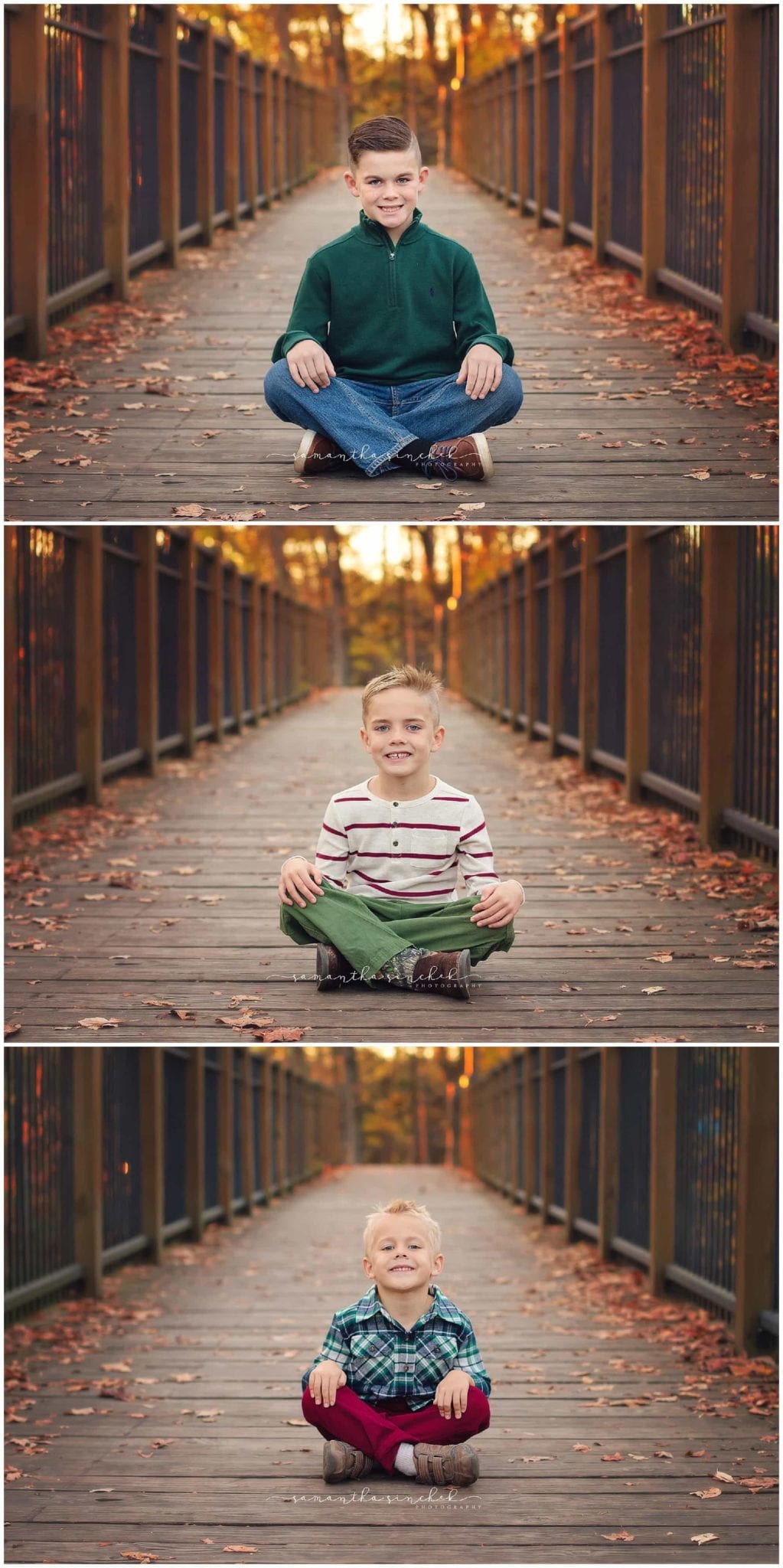 brothers sitting on bridge at sharon woods during samantha sinchek photography fall session with family