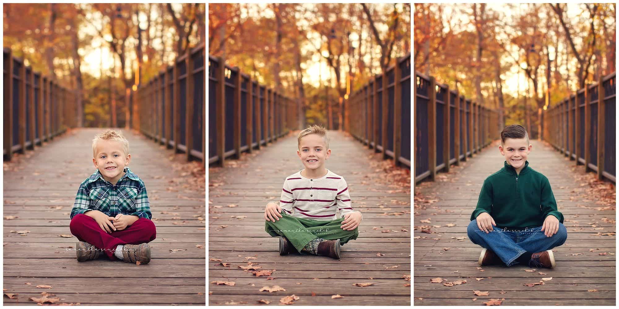 brothers sitting on bridge at sharon woods during samantha sinchek photography fall session with family