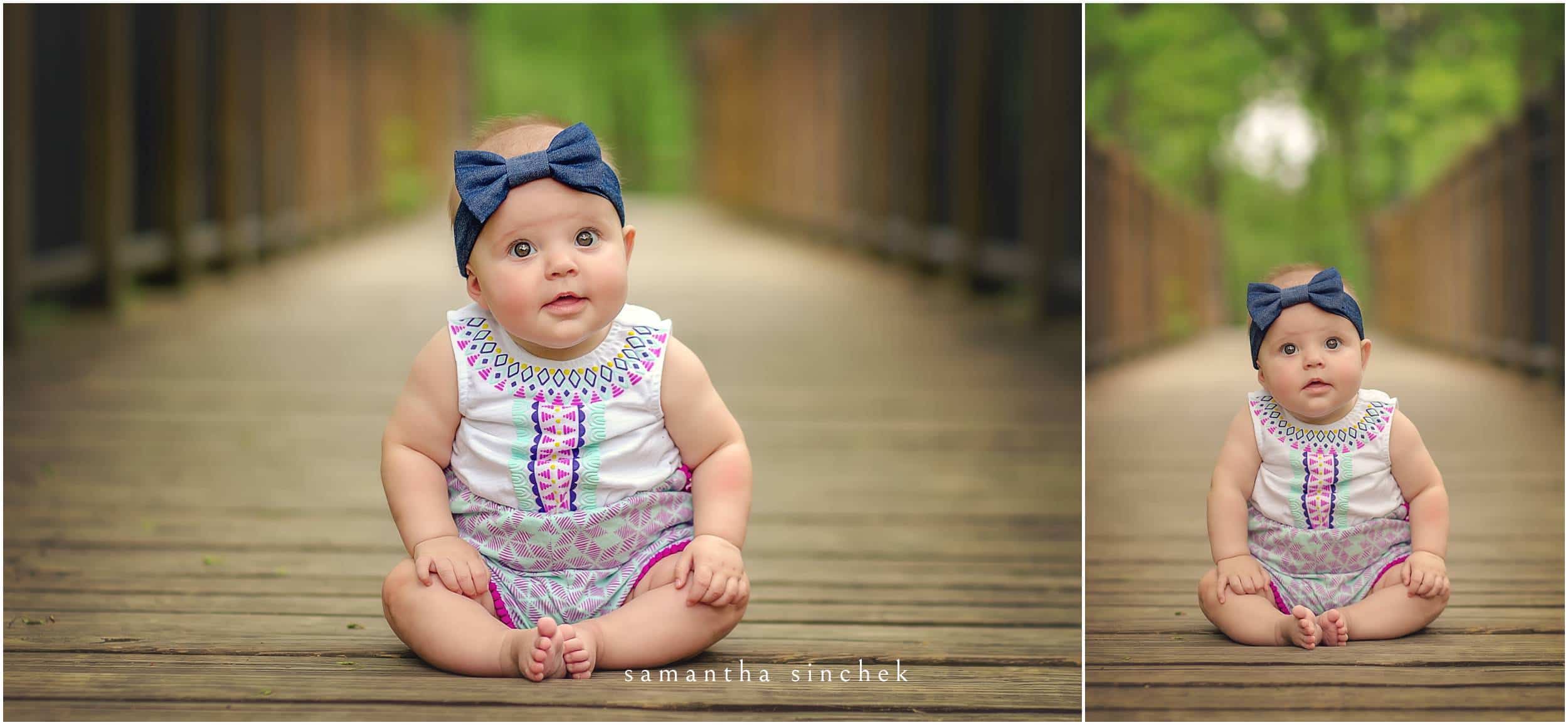 baby sits on bridge at sharon woods during photo session with samantha sinchek photography