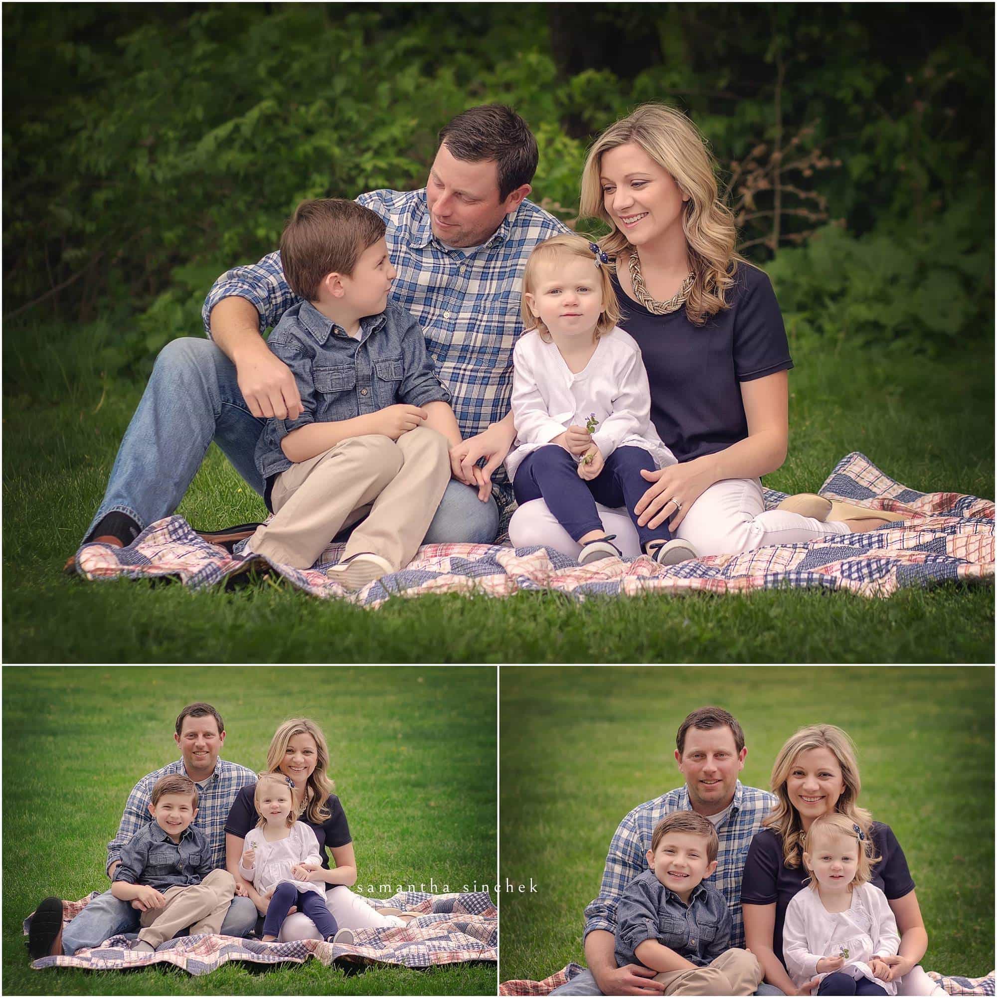 family sits on quilt at sharon woods during mini session with samantha sinchek
