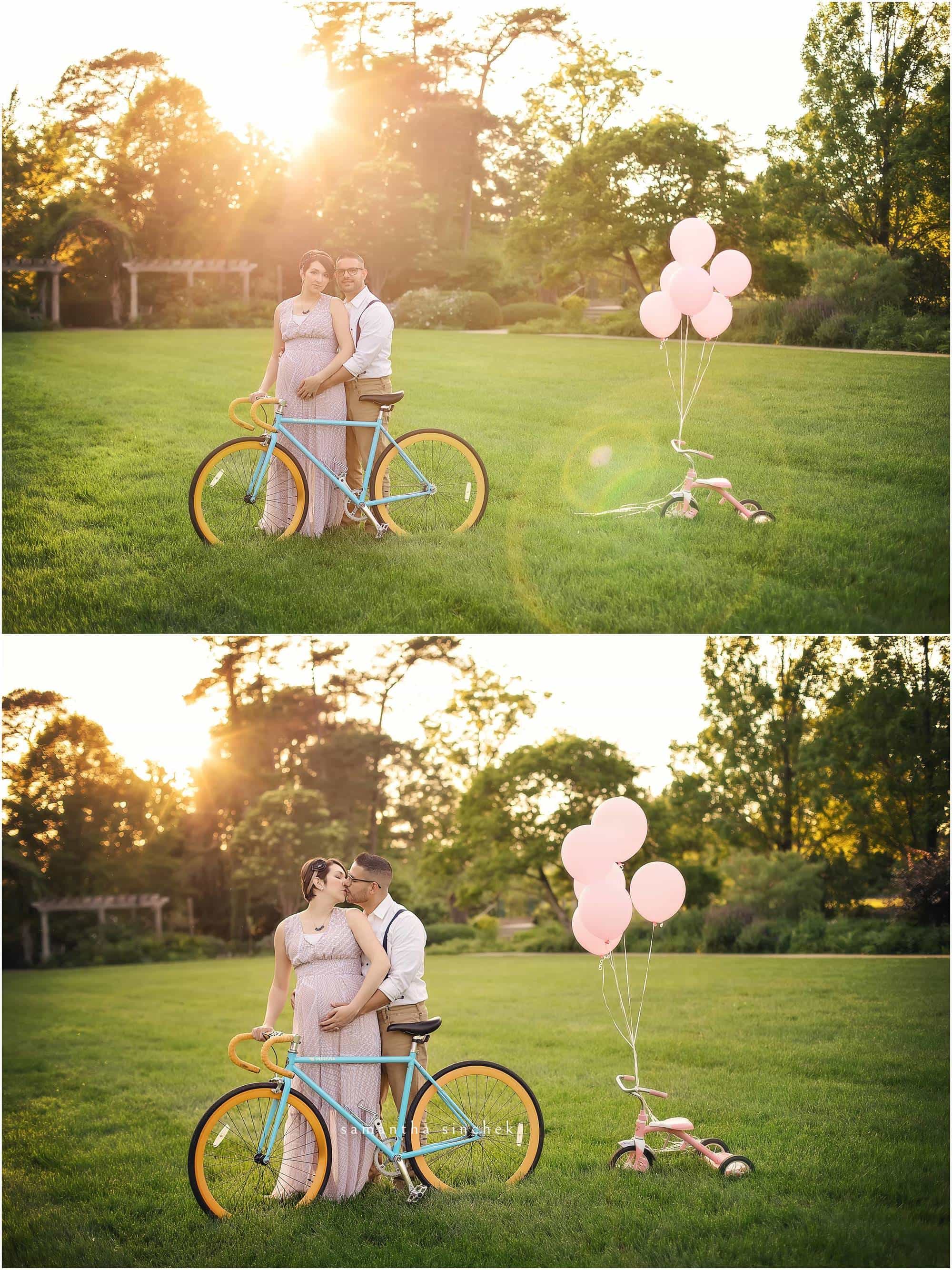 parents to be kiss in front of a bike at ault park in cincinnati with samantha sinchek photography