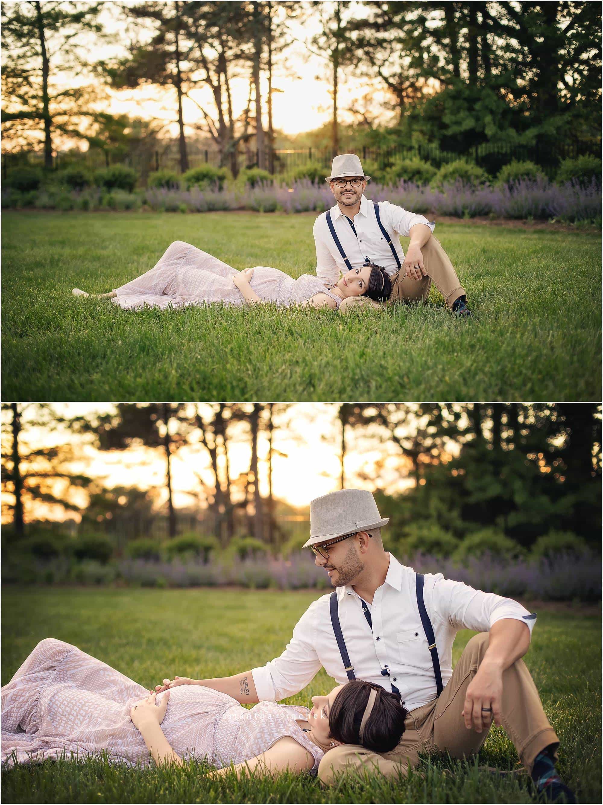 maternity mother lays in grass with husband at cincinnati maternity session with samantha sinchek photography