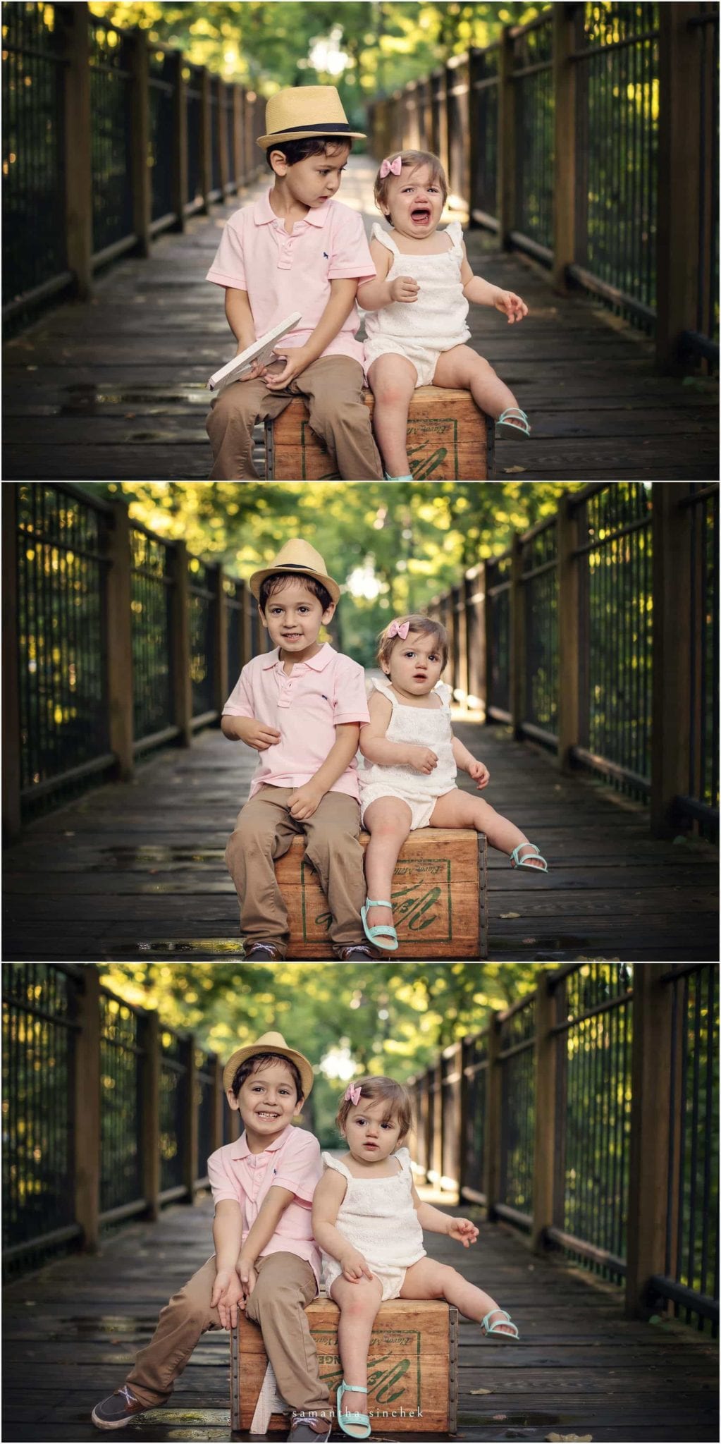 brother and sister sit on wooden box at sharon woods with samantha sinchek photography
