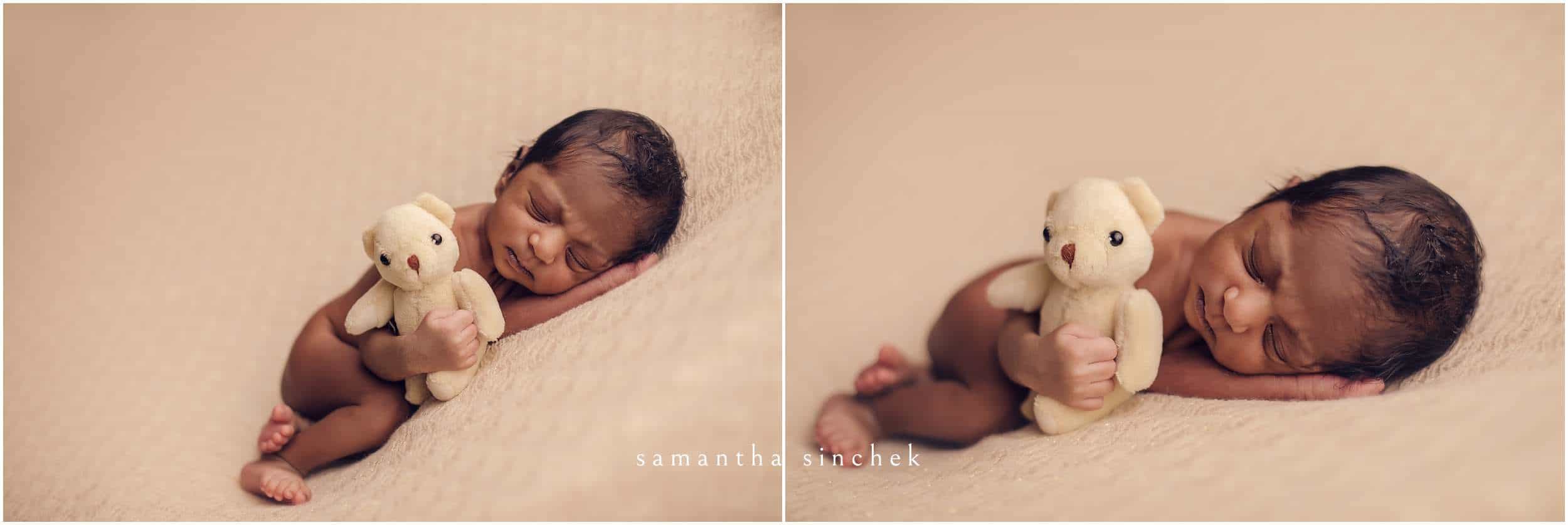 baby girl holds a teddy bear at session in cincinnati ohio with sinchek