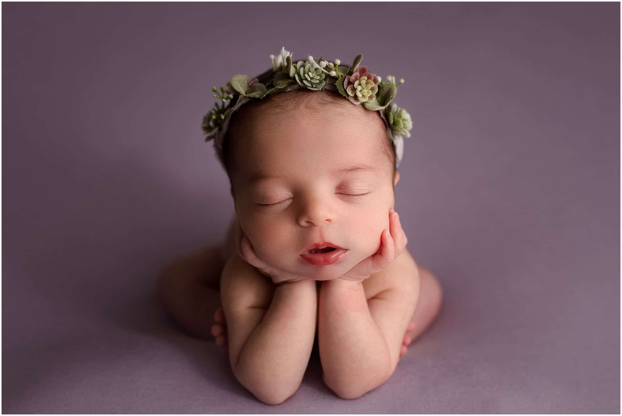 cincinnati newborn photographer Samantha sinchek baby asleep on lavender background wearing created by Carli halo