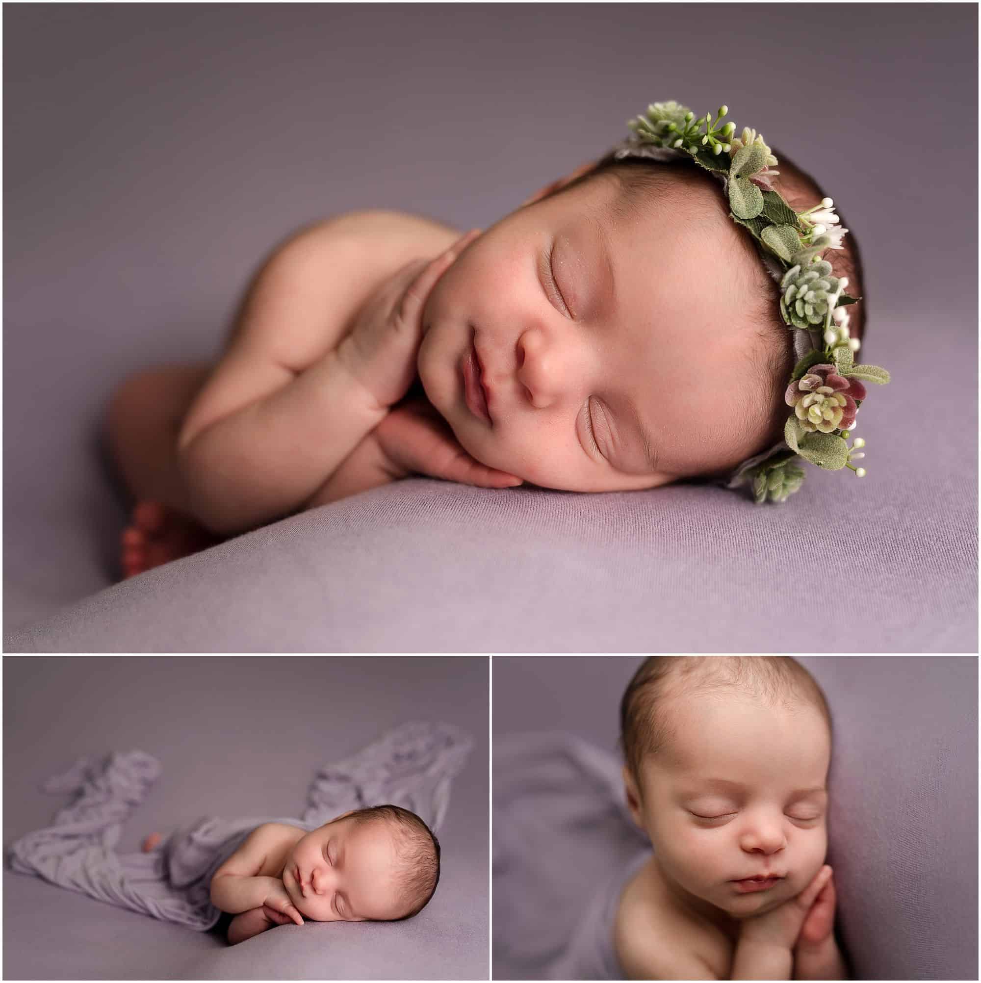 cincinnati newborn photographer Samantha sinchek baby asleep on lavender background wearing created by Carli halo