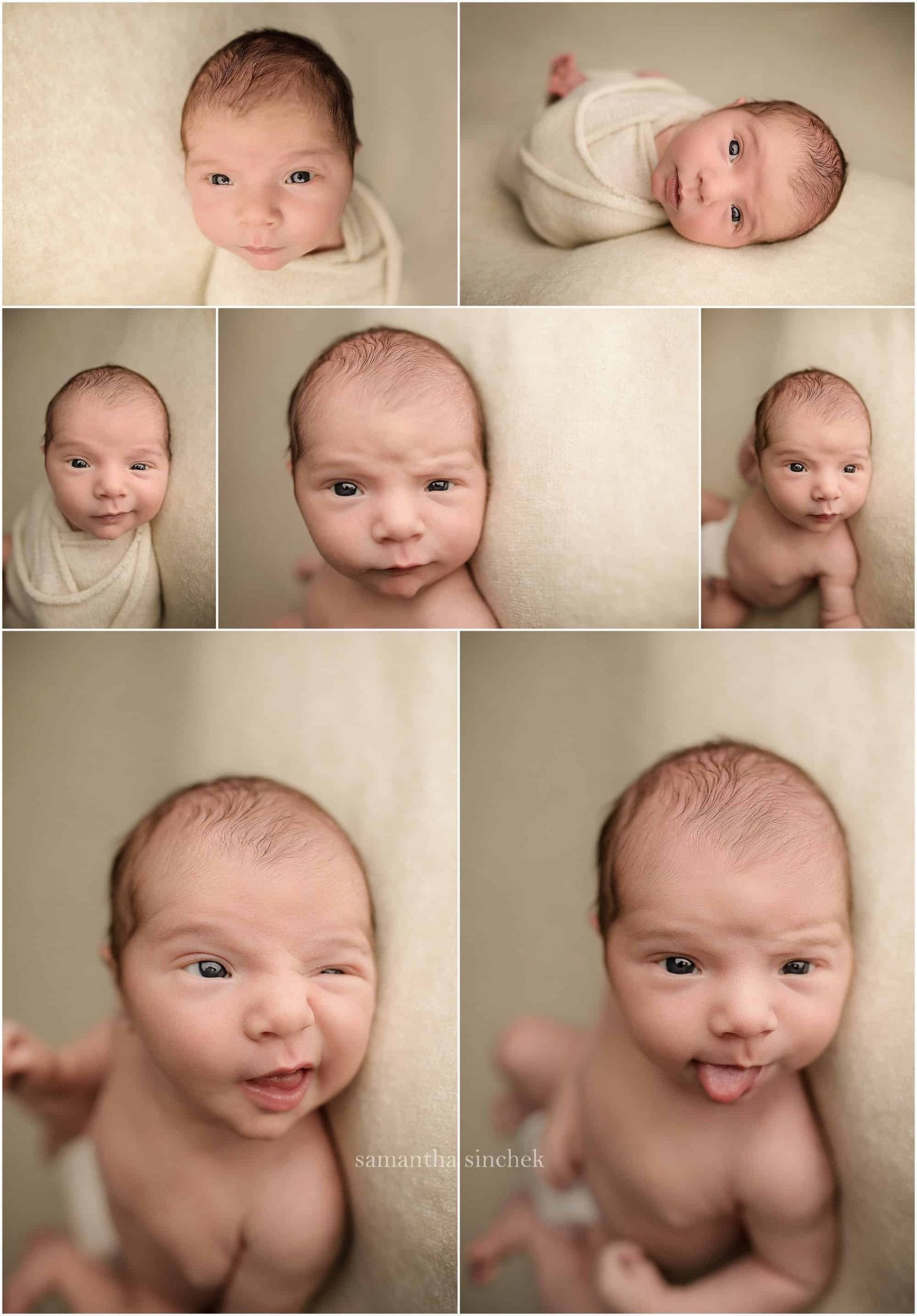 newborn boy with many expressive faces at his pictures with Cincinnatis best newborn photographer Samantha sinchek