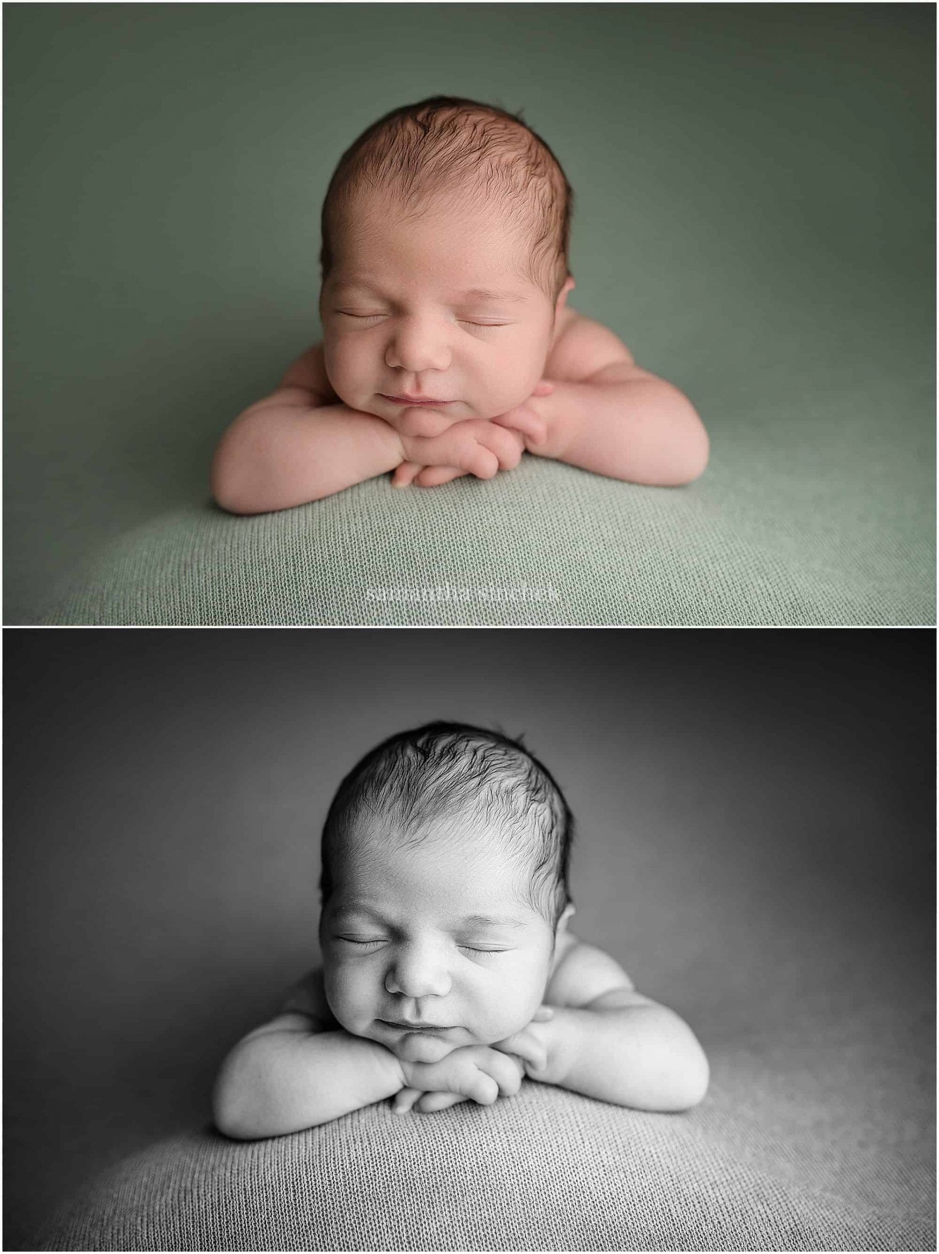 newborn sleeps with head on hands on sage green backdrop from freeboard shoppe