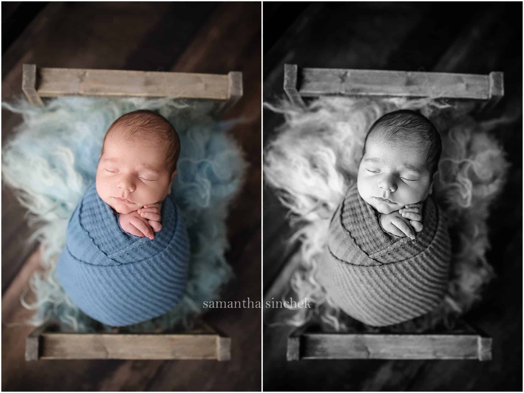 baby sleeps swaddled at pictures with Cincinnatis best newborn photographer Samantha sinchek