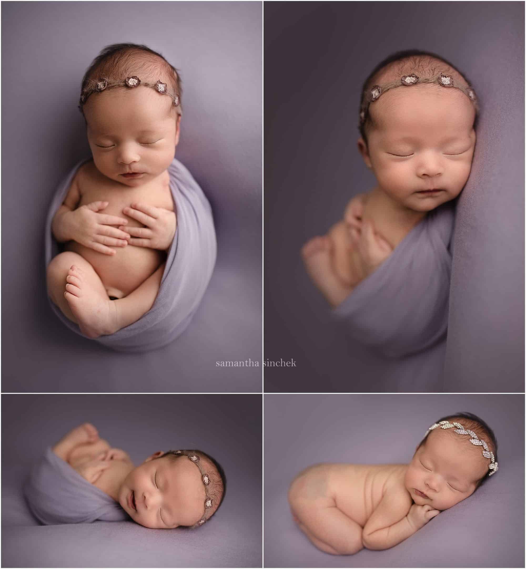 cincinnati newborn photographer takes pictures of baby on lavender wearing bonnet