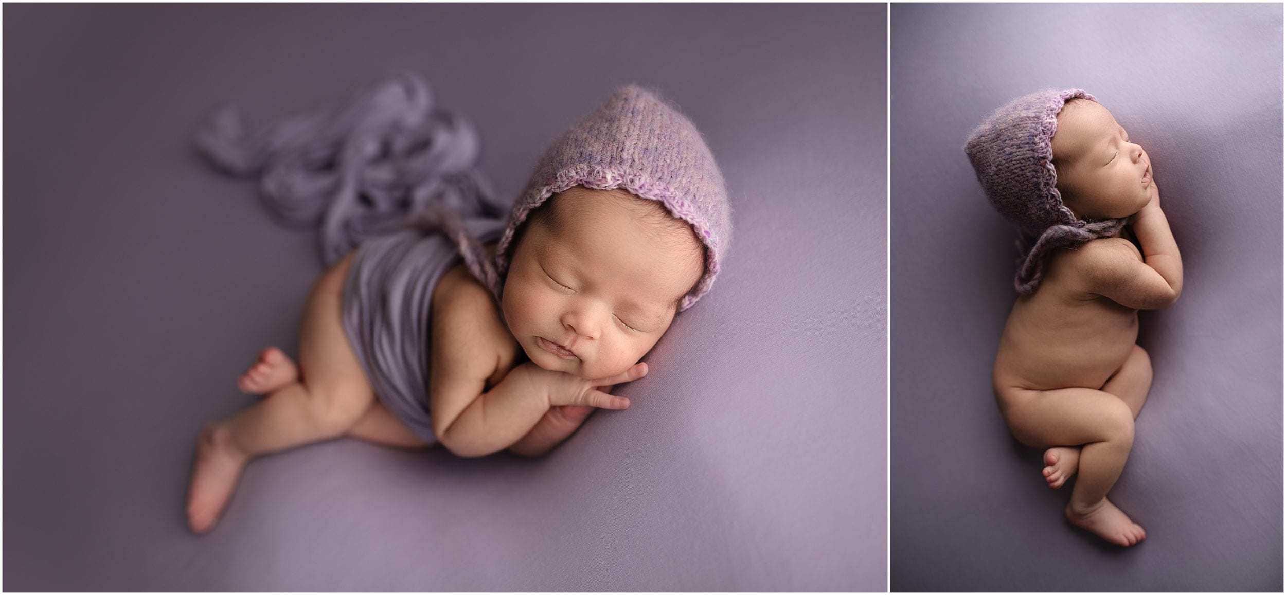 cincinnati newborn photographer takes pictures of baby on lavender wearing bonnet