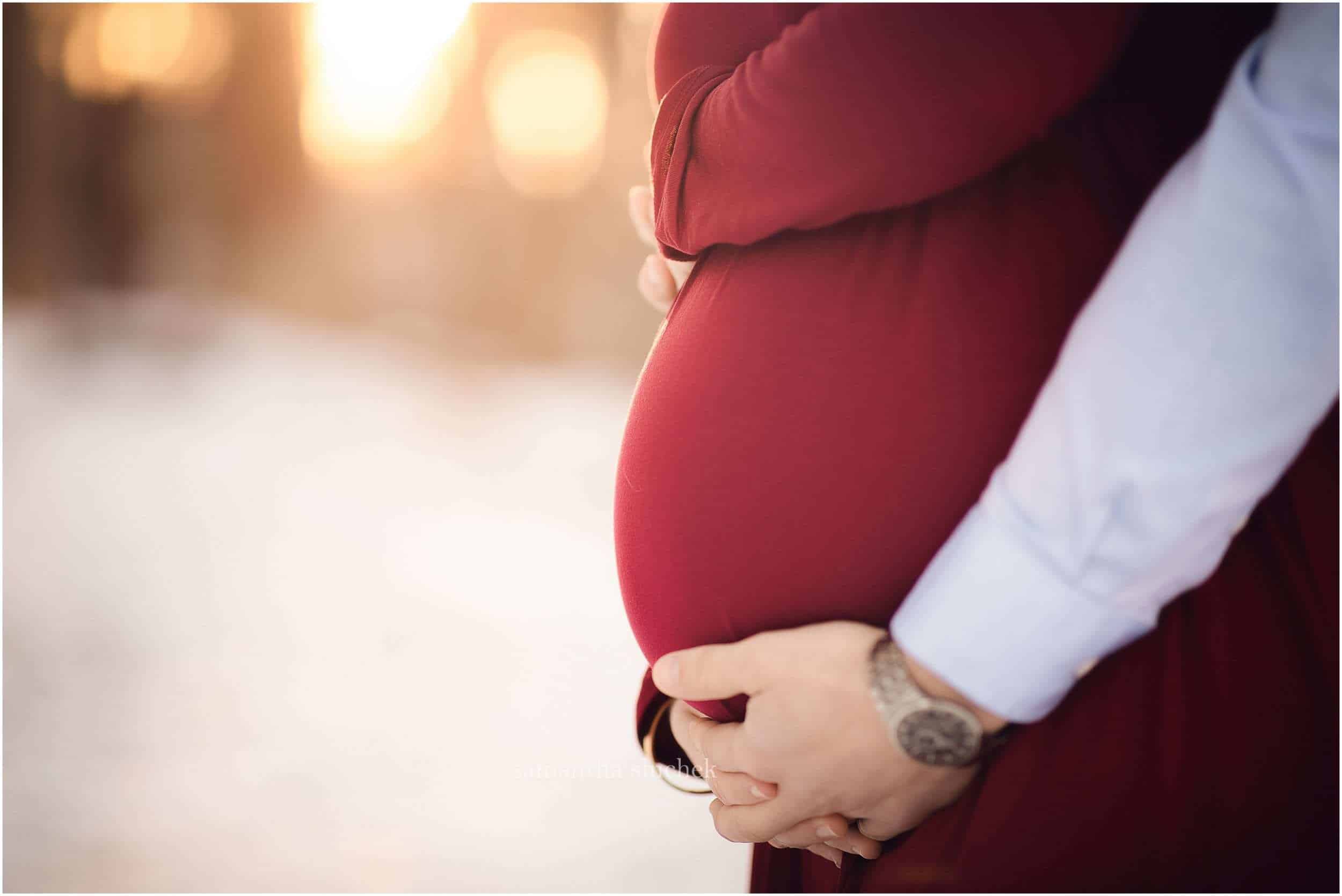 maternity session at Ault Park Cincinnati red dress in the snow Samantha Sinchek