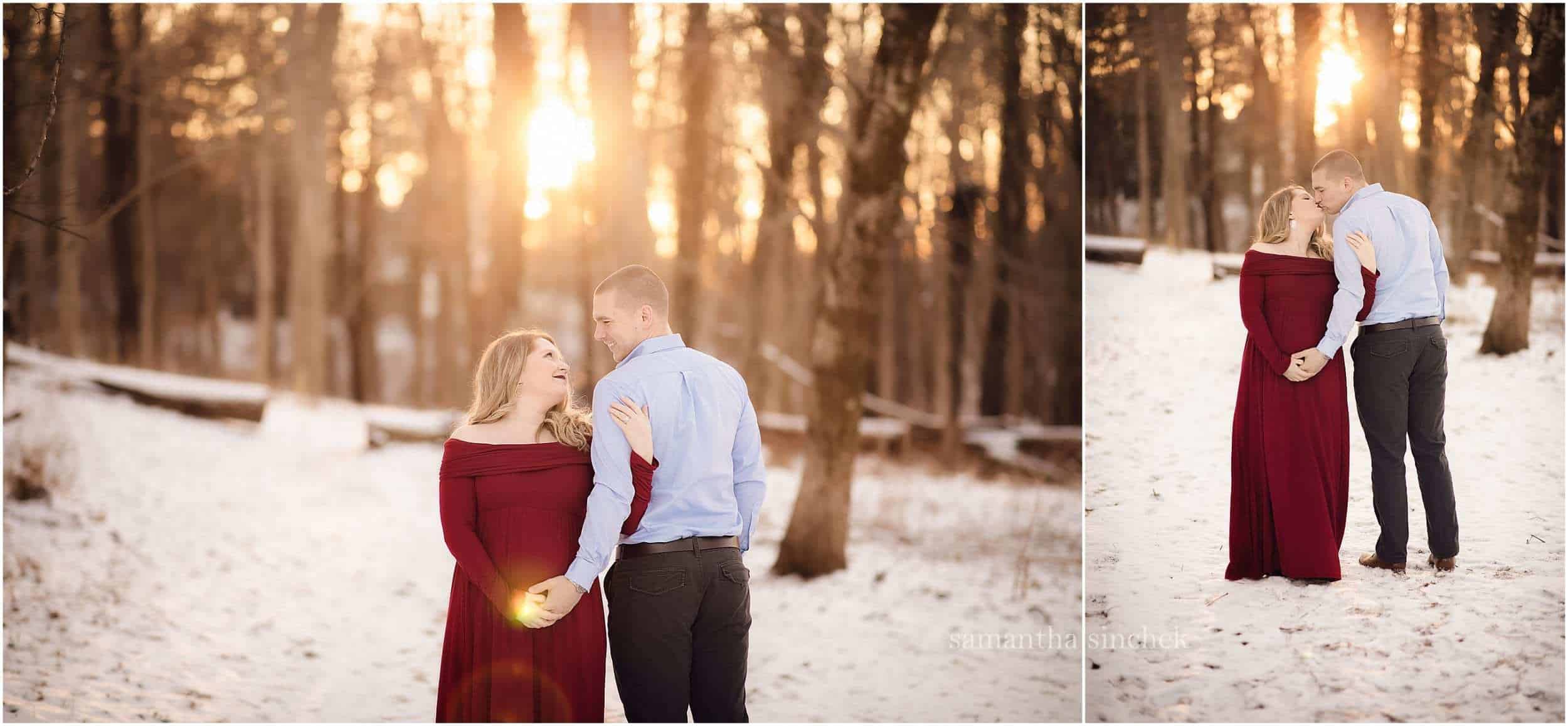 maternity session at Ault Park Cincinnati red dress in the snow Samantha Sinchek