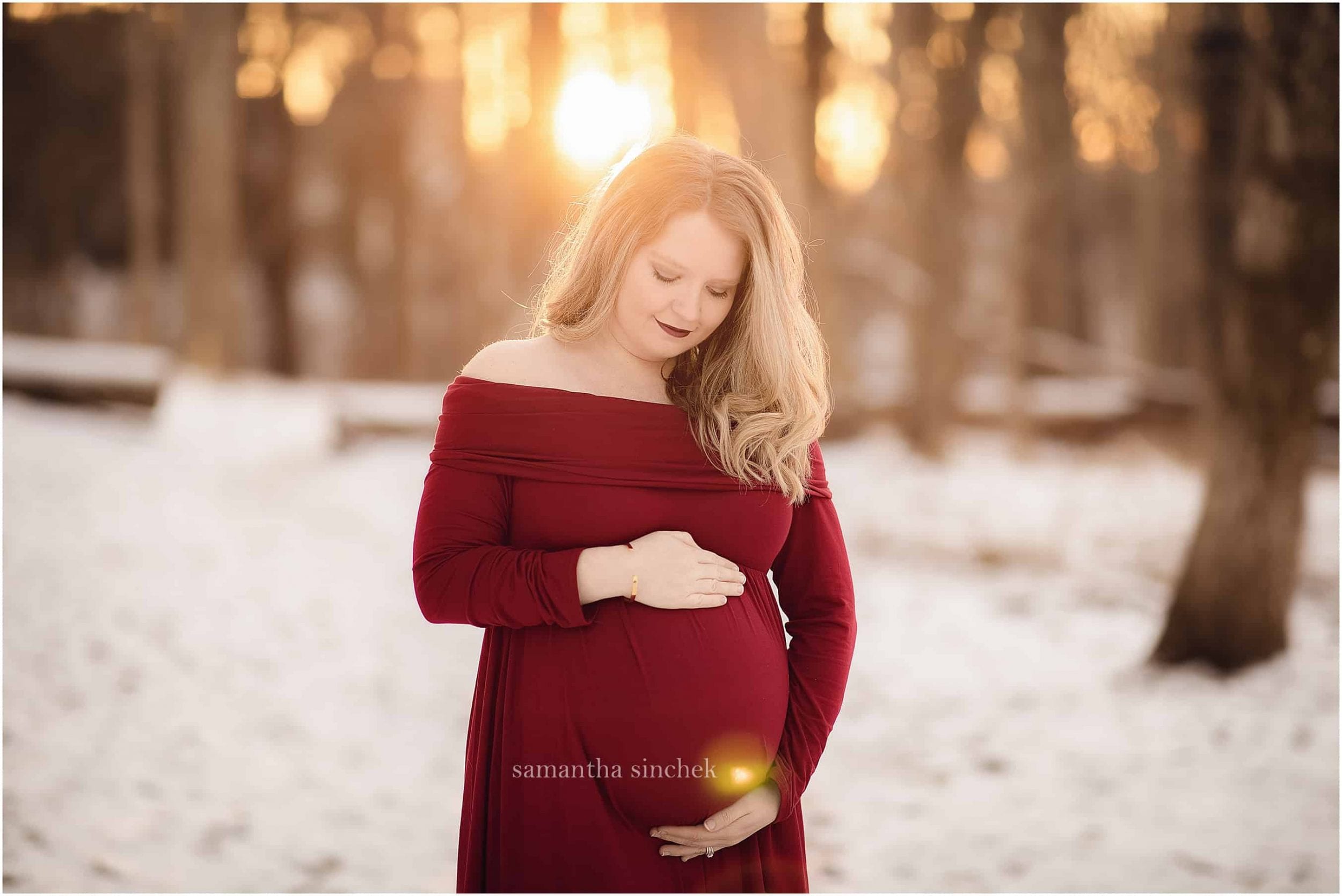 maternity session at Ault Park Cincinnati red dress in the snow Samantha Sinchek