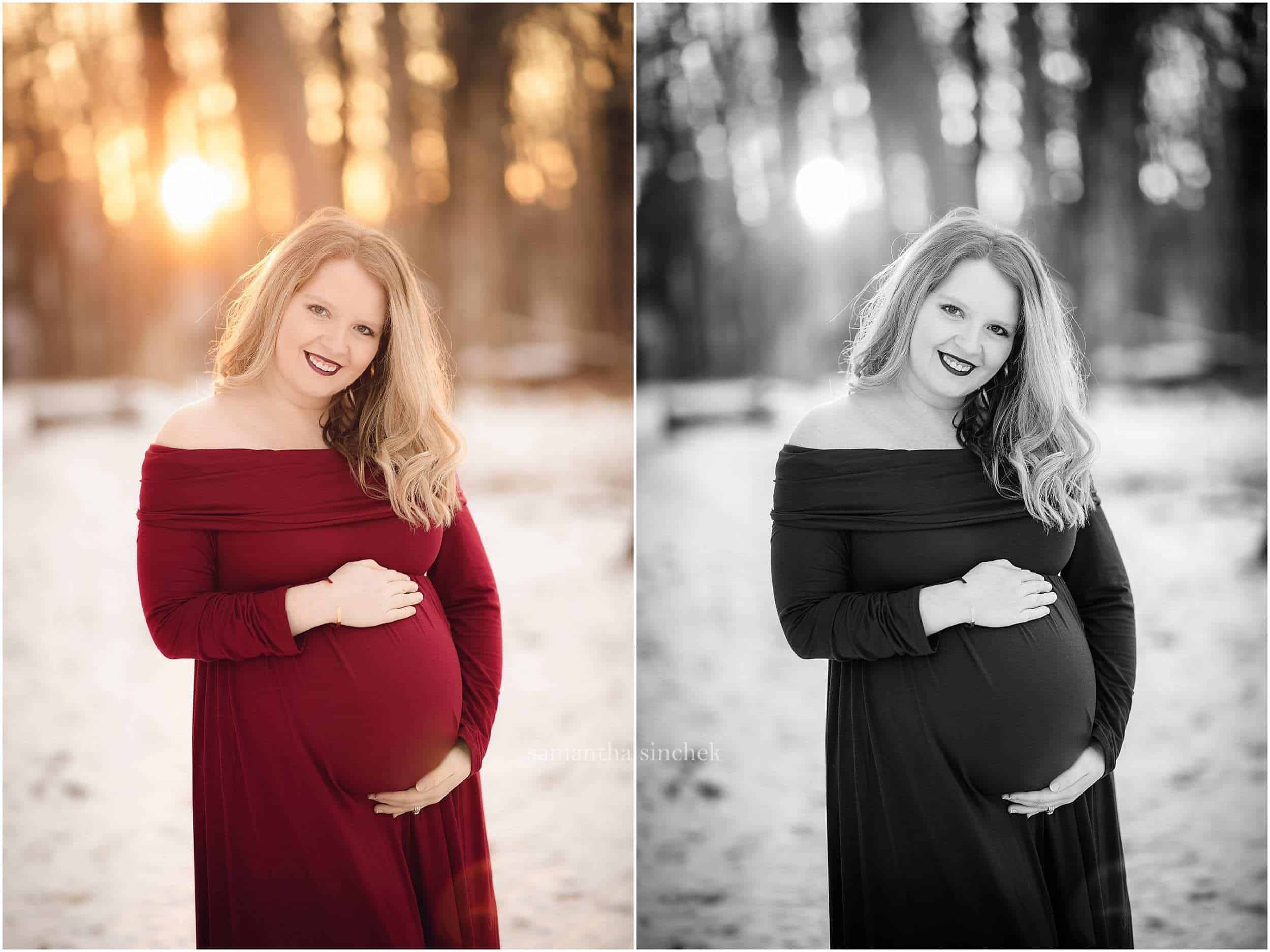 maternity session at Ault Park Cincinnati red dress in the snow Samantha Sinchek