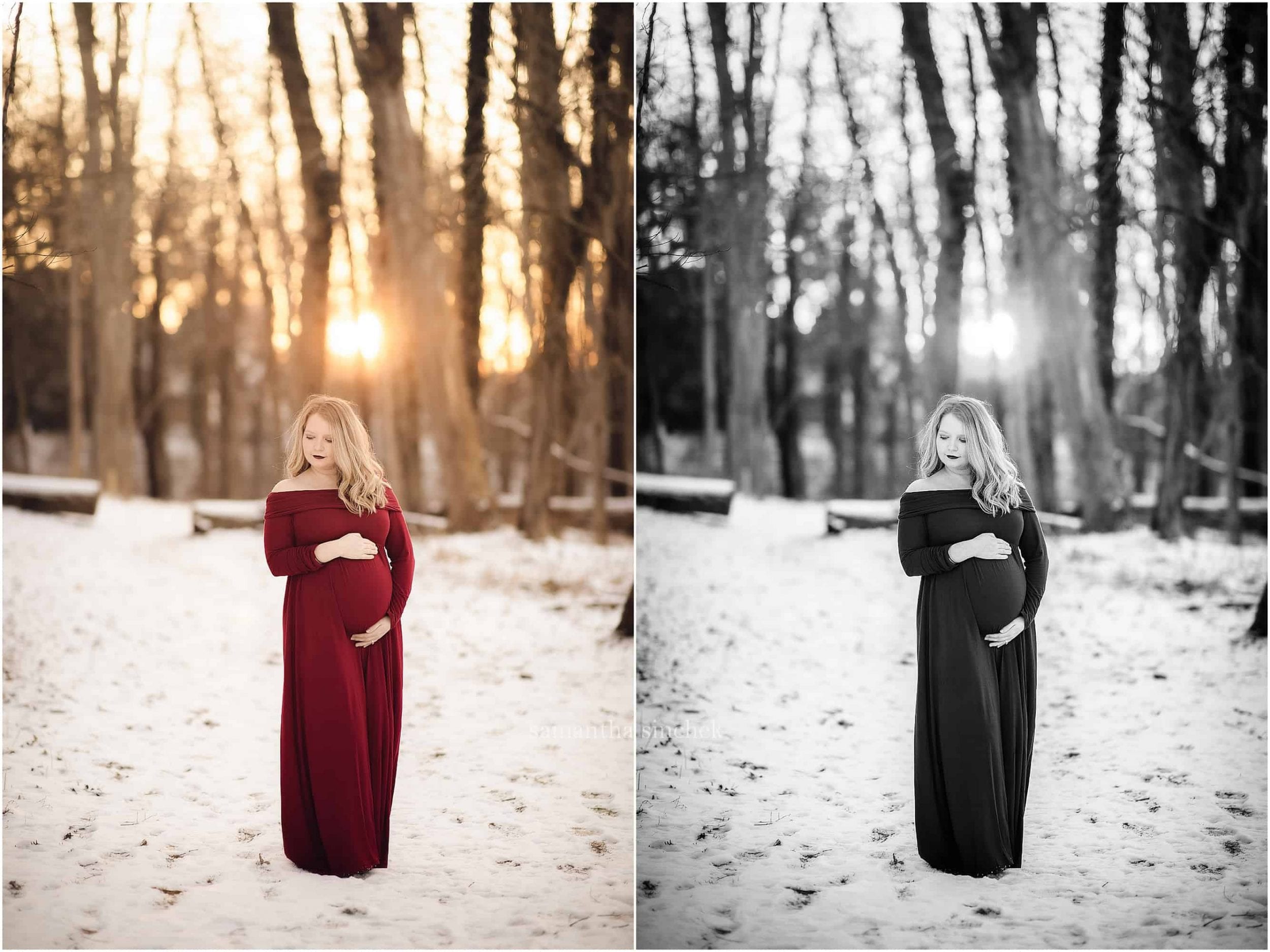 maternity session at Ault Park Cincinnati red dress in the snow Samantha Sinchek