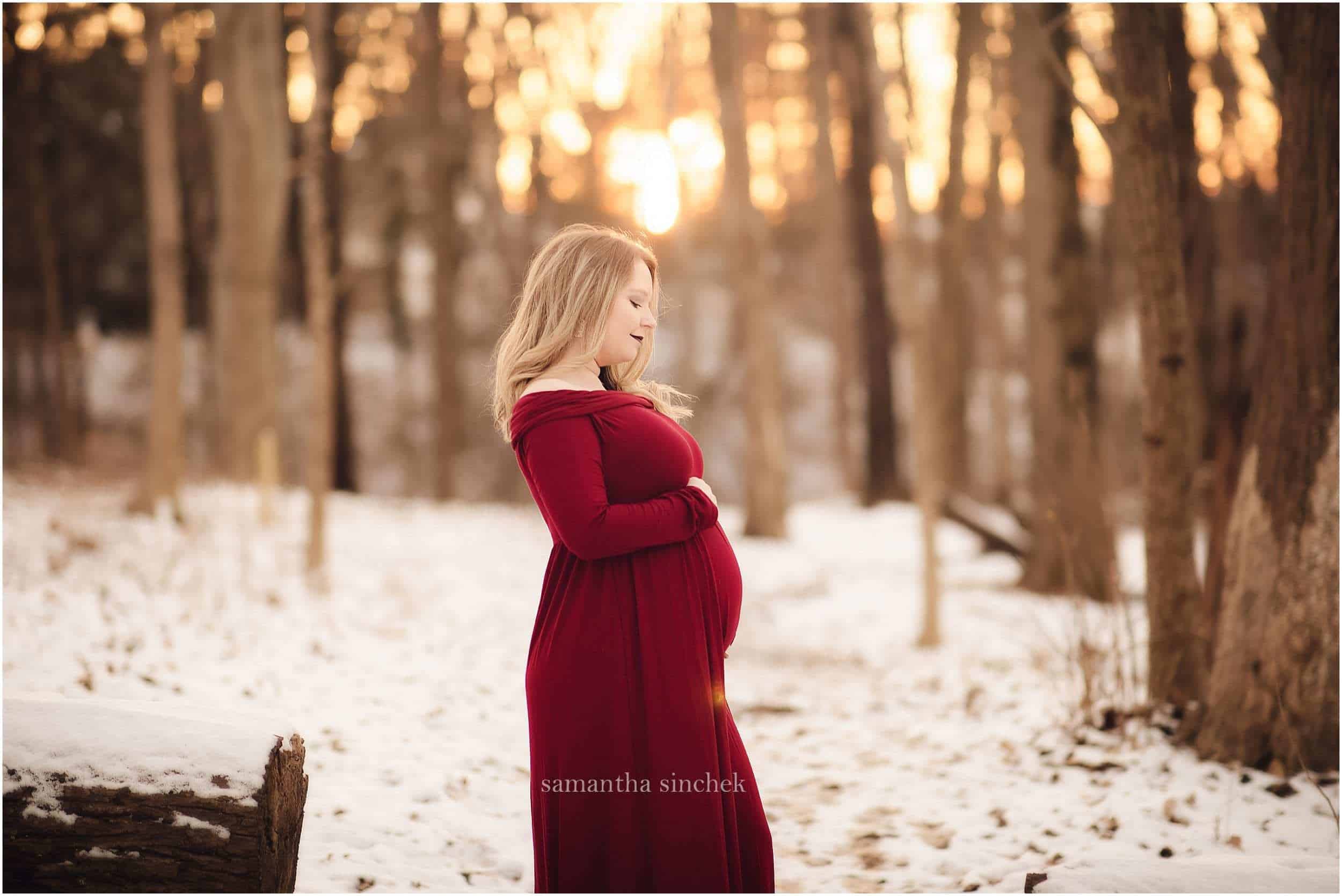 maternity session at Ault Park Cincinnati red dress in the snow Samantha Sinchek
