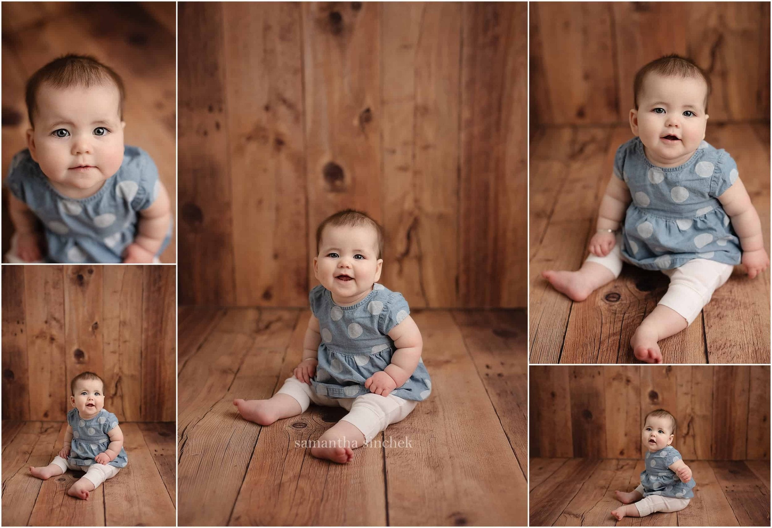 little girl sits in wood bowl wearing pink bonnet at photo session with Samantha Sinchek photography