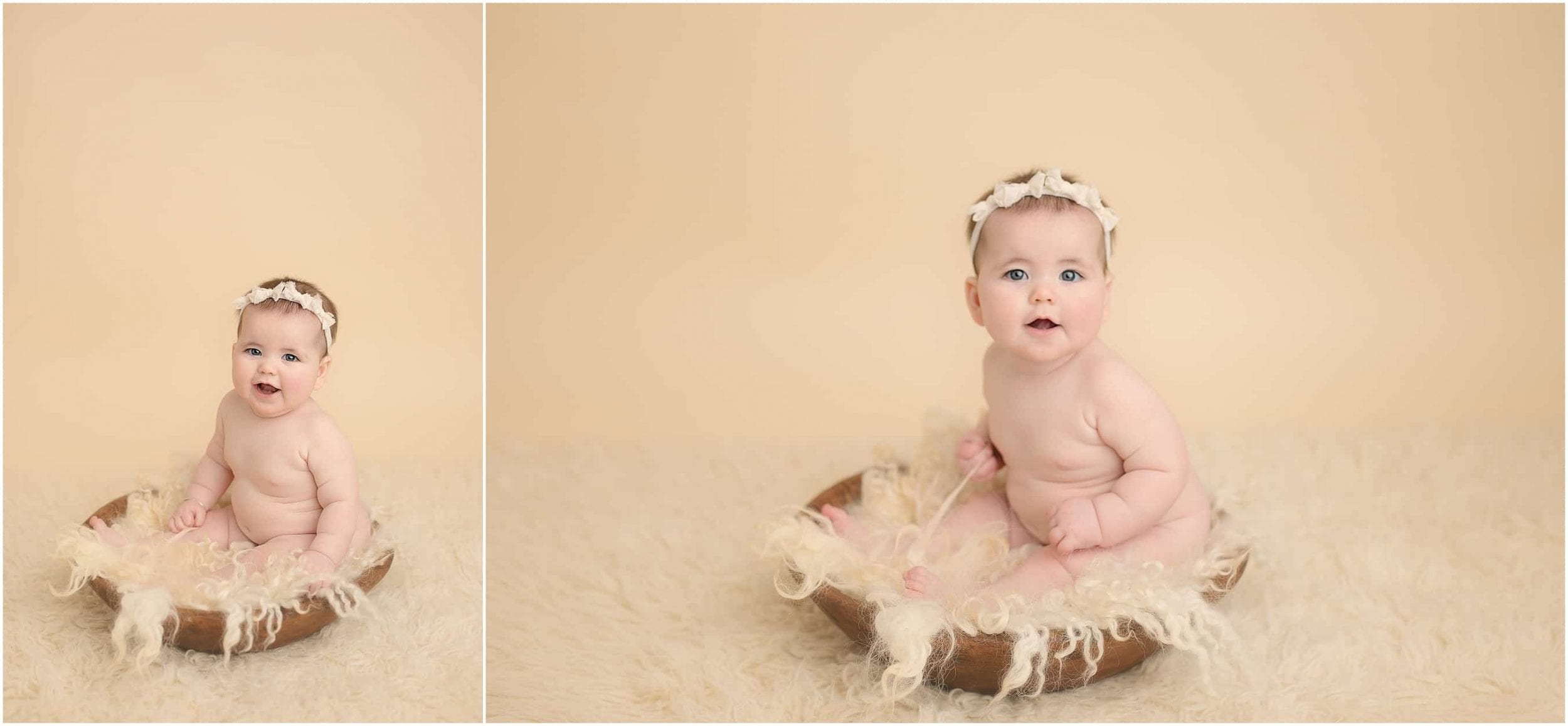 six month baby sits in wood bowl at photo session with Cincinnati photographer Samantha sinchek