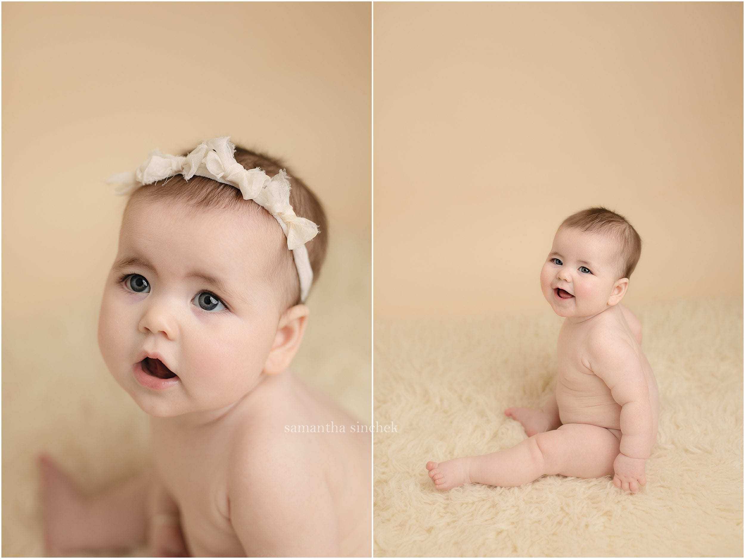 six month baby sits in wood bowl at photo session with Cincinnati photographer Samantha sinchek