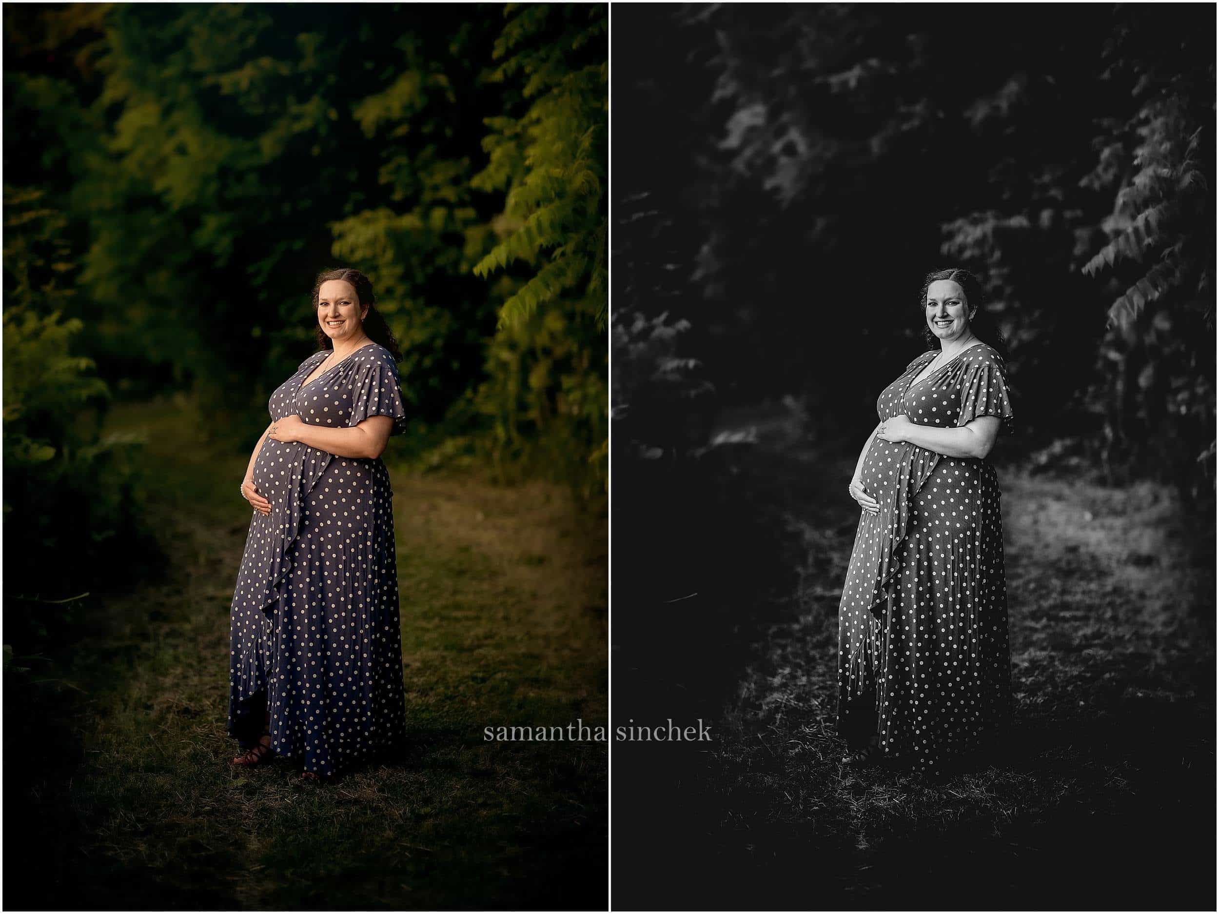 mother wearing dress at Sharon Woods with cincinnati maternity photographer Samantha sinchek photography