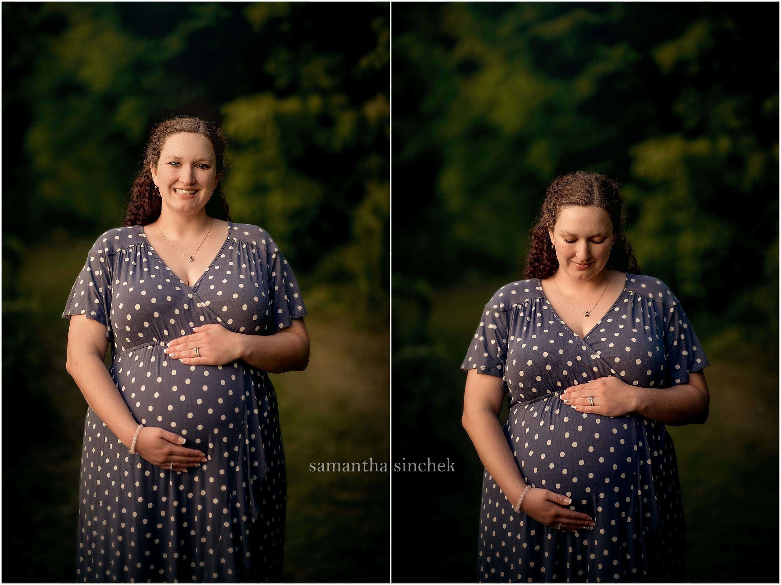 mother wearing dress at Sharon Woods with cincinnati maternity photographer Samantha sinchek photography