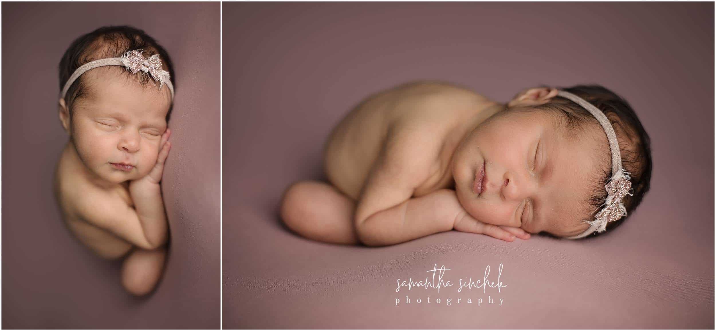 newborn girl asleep on pink backdrop