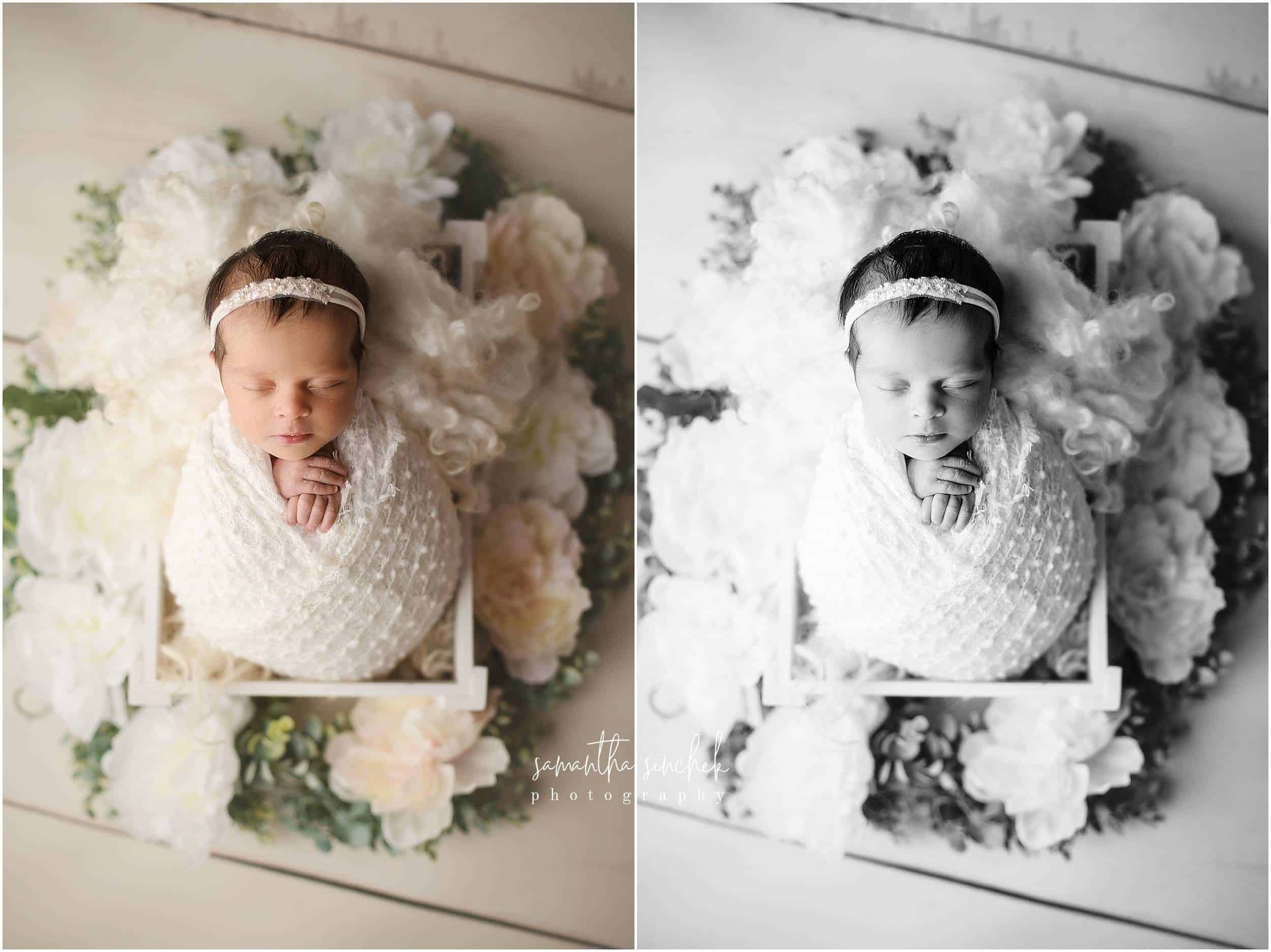 awake wrapped baby lays on fur at cincinnati newborn pictures