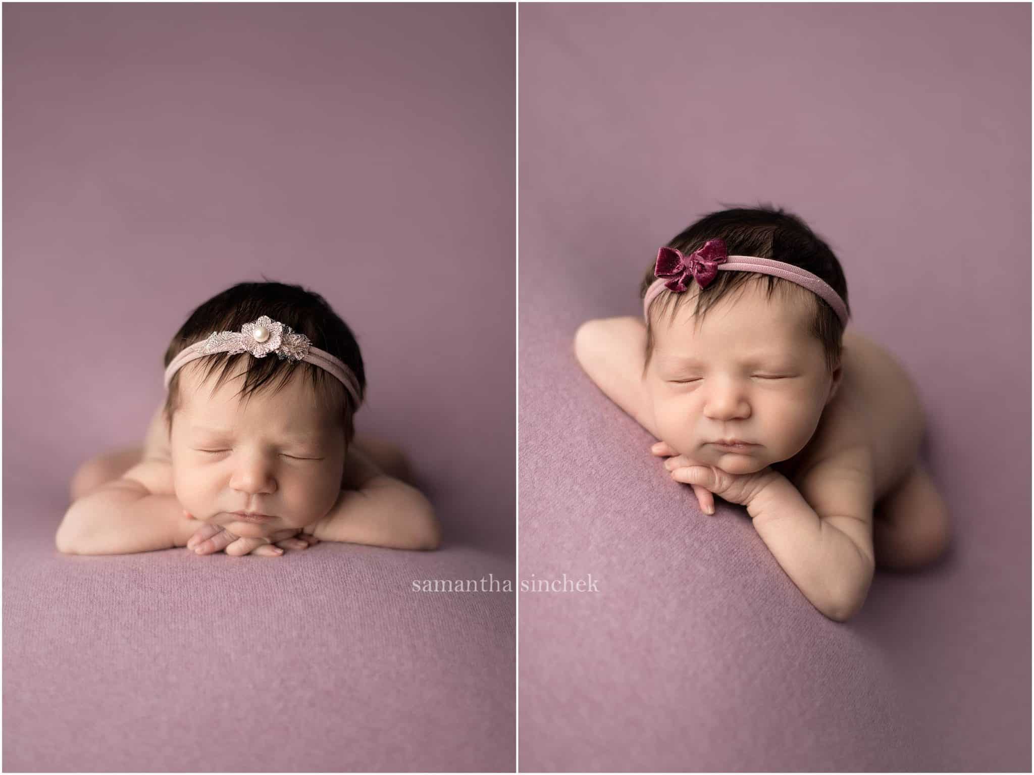 baby girl asleep on purple background with cincinnati newborn photographer Samantha Sinchek