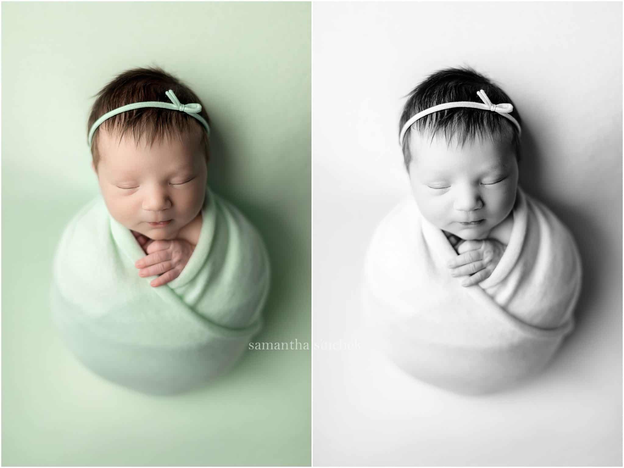 newborn girl wrapped in mint color wearing headband with Samantha Sinchek Photography